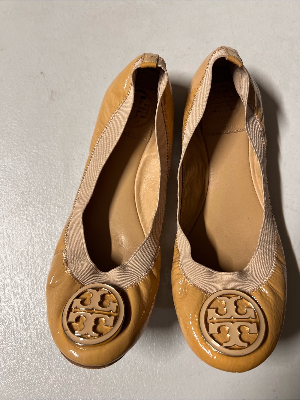 Tory Burch Patent Leather Tan Reva Ballet Flats with Logo Medallion